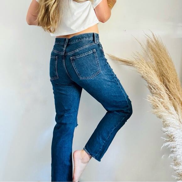 OLD NAVY Dark Blue Wash High Rise Slouchy Straight Leg Denim Distressed Jeans 8 - Picture 5 of 14